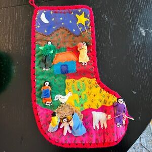 Arte Inca Peru Nativity Arpillera Christmas Stocking Handmade Cotton Nacimiento